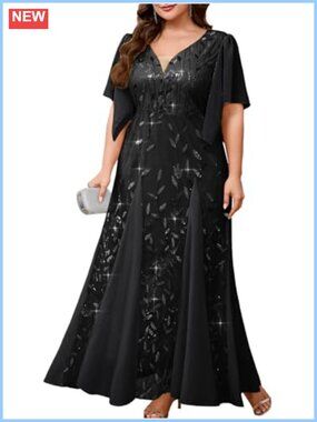 Plus Size Sequin Embroidery Tulle A Line Formal Evening Gown Maxi Dress
